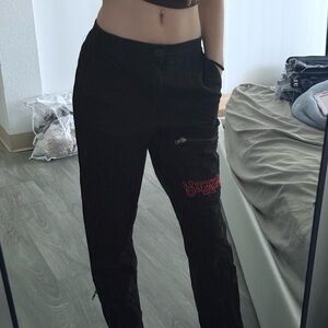 Black Track Pants with Red Embroidery - Women's Casual Joggers